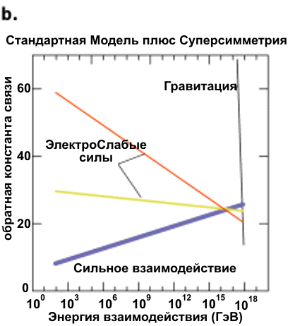 Теоретическая экстраполяция показывает, что три взаимодействия Стандартной Модели (сильное и объединенные слабое и электромагнитное) имеют приблизительно равную интенсивность при очень высоких энергиях (a), а   при учете суперсимметрии (b) это равенство становится еще более точным.