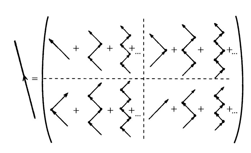 Каждый зигзаг-процесс в отдельности вносит вклад, как часть бесконечной квантовой  суперпозиции, в полный «пропагатор» наподобие фейнмановских диаграмм. Изображенный слева  стандартный фейнмановский пропагатор в виде прямой линии представляет целую матрицу из бесконечных сумм конечных зигзагов, показанную справа