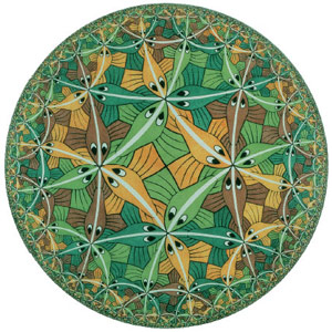 На этом рисунке Мориц Эшер изобразил гиперболическое пространство. На самом деле все рыбы одинаковы по размеру, а круговая граница бесконечно далека от центра диска. На плоской проекции гиперболического пространства удаленные рыбы сжимаются, чтобы бесконечное пространство уместилось в конечном круге