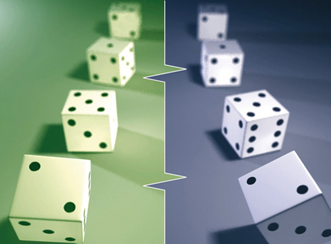 Упрощённая иллюстрация принципа квантовой сцепленности. Условные кубики, находящиеся в такой связи, при одновременном броске выдавали бы одинаковые, но при этом, несомненно, случайные значения (иллюстрация A. Franzen, Albert Einstein Institute).