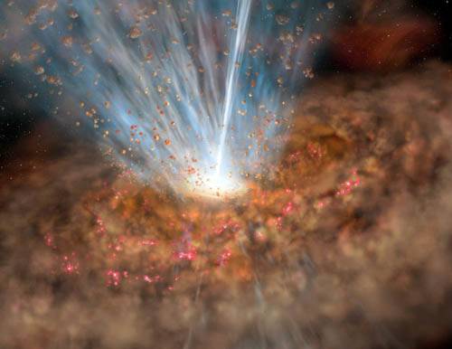 Сверхмассивная черная дыра в активном центре галактики Mrk 231: взгляд художника. На иллюстрации виден мощный поток вещества, отбрасываемого окрестностями дыры, а также закрученный спиралью аккреционный диск