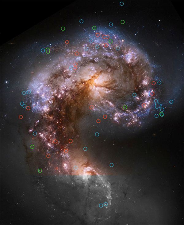 Взаимодействующие галактики. Обозначения повторяют указанные выше. (Иллюстрация из Astrophysical Journal.)