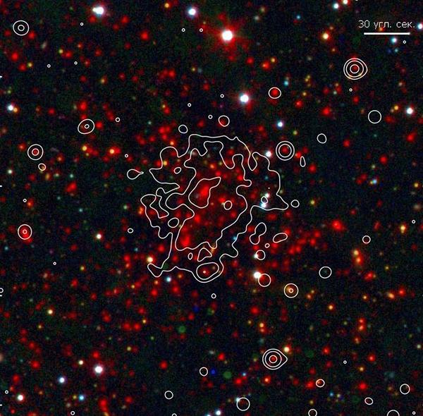 Скопление SPT-CLJ2106-5844 в оптическом и инфракрасном диапазонах. Белым показаны «контуры» рентгеновского излучения. (Иллюстрация из The Astrophysical Journal.)
