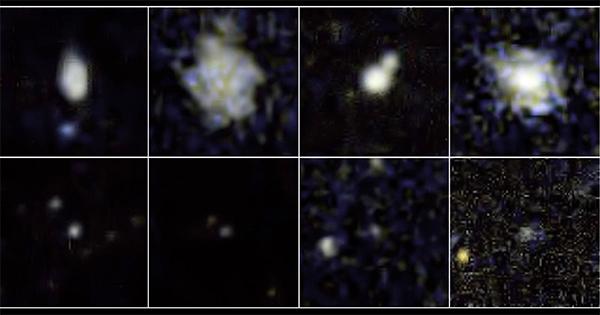 В верхнем ряду находятся рассмотренные GALEX «обычные» галактики размером с Млечный Путь, содержавшие сверхновые средней яркости, а в нижнем — карликовые галактики с особо яркими сверхновыми. (Иллюстрация НАСА / JPL-Caltech.)