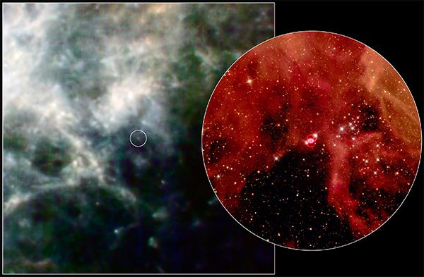 Остаток SN 1987A на снимках, сделанных «Гершелем» (слева) и «<noindex><a target=_blank href=http://hubblesite.org/>Хабблом</a></noindex>» (иллюстрация ESA / Herschel / PACS / SPIRE / НАСА-JPL / Caltech / UCL / STScI / Hubble Heritage Team).