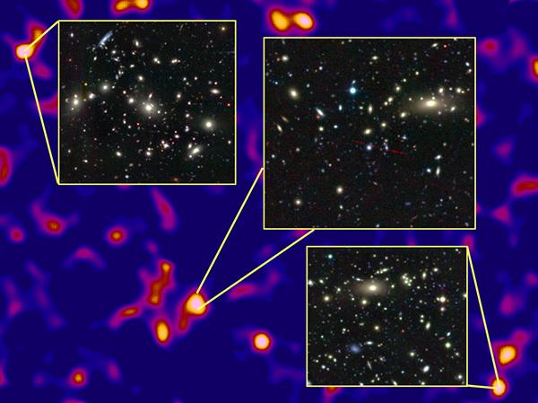 Массивные скопления галактик находятся там, где концентрируется тёмная материя. (Иллюстрация Van Waerbeke, Heymans, CFHTLens collaboration.)