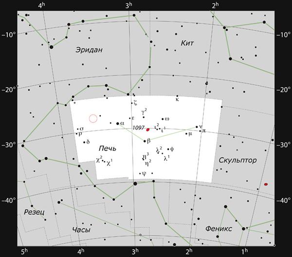 Область в созвездии Печи, на которую был нацелен телескоп АРЕХ, обведена красным. (Иллюстрация ESO, IAU, Sky & Telescope.)