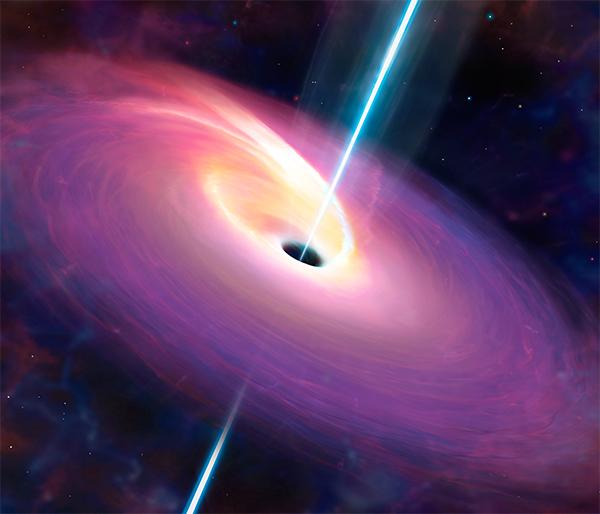 Джеты, образующиеся при поглощении вещества звезды чёрной дырой (иллюстрация University of Warwick / Mark A. Garlick).
