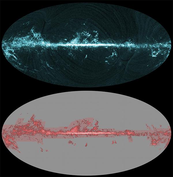 Сверху показана карта распределения CO, составленная «Планком», а внизу — результаты предыдущих исследований. (Иллюстрация ESA / Planck Collaboration; T. Dame et al.)