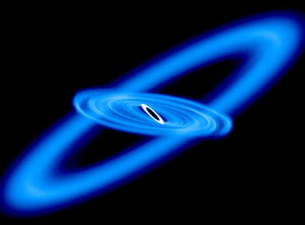 На короткое время вокруг чёрной дыры могут возникнуть два аккреционных диска. (Здесь и ниже изображения Лестерского университета.)