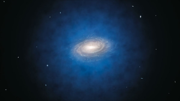 Галактическое гало, выделенное голубым, считалось состоящим в основном из тёмной материи. Если новое исследование точно, размеры и форму этого гало придётся пересмотреть. (Здесь и ниже иллюстрации ESO.)