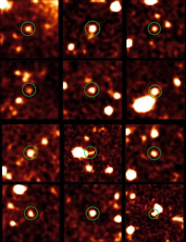 12 тёмных галактик почти лишены звёзд; светится на изображении лишь их газ — под действием ультрафиолета близкого квазара.