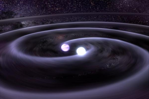 Два сближающихся белых карлика, взаимодействуя, интенсивно генерируют гравитационные волны.(Иллюстрации D. Berry / NASA, GSFC.)