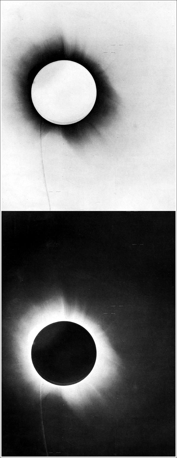 В 1919 году Артур Эддингтон на основе наблюдений полного солнечного затмения показал, что свет от звезды искривлялся гравитацией Солнца в точном соответствии с предсказаниями ОТО. (Негатив и фото F. W. Dyson, A. S. Eddington, C. Davidson.)
